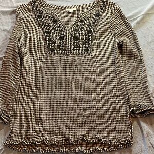 J. Jill Black and White Gingham Embroidered V-Neck Blouse
